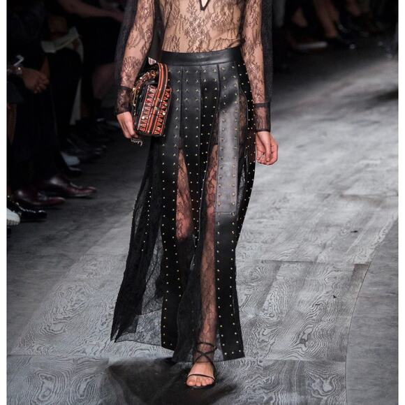 Valentino Black Leather Lace Maxi Skirt Runway 2016 Studded High Waist $10k Sz 4 - Picture 1 of 16